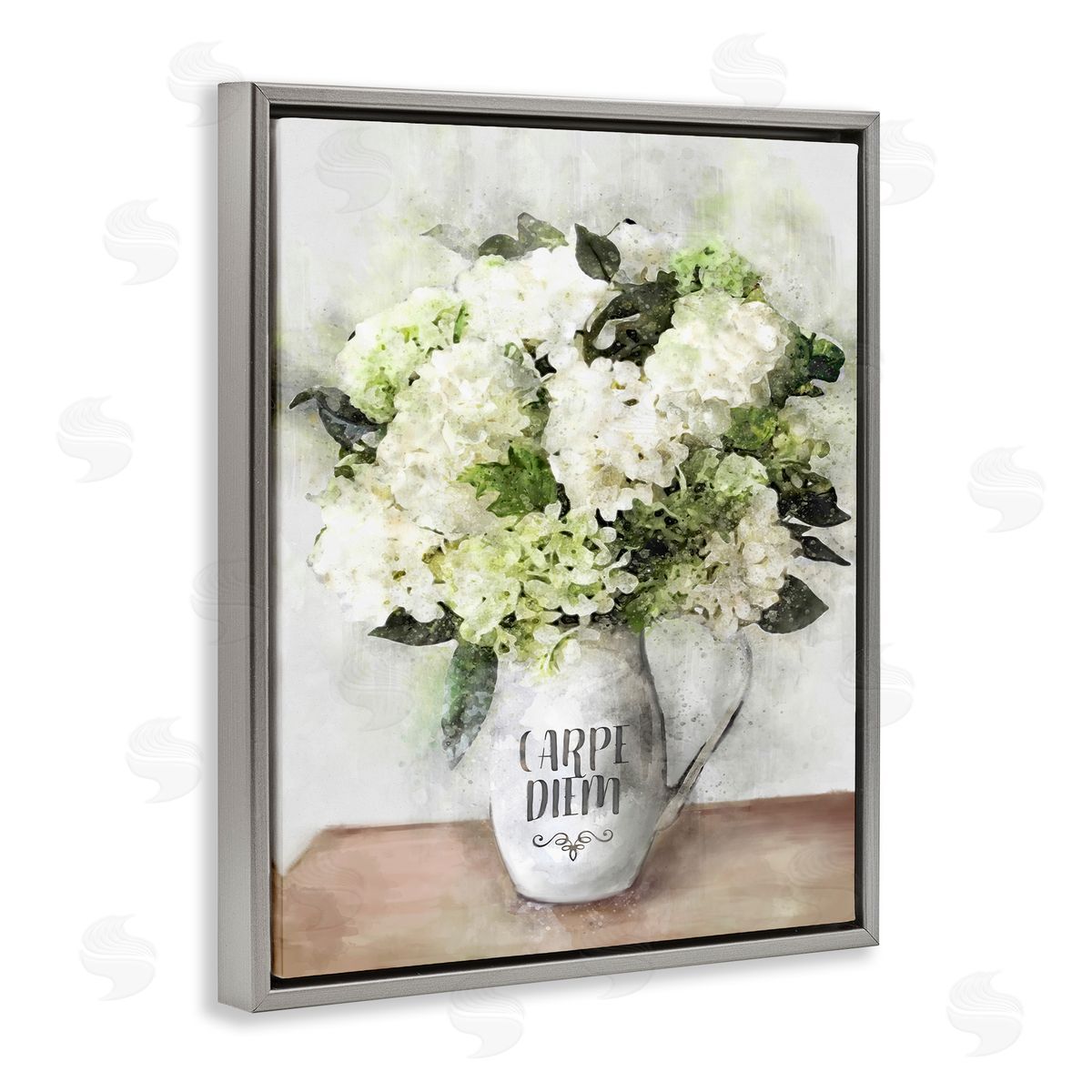 Carpe Diem White Hydrangeas Grey Floating Frame Canvas Wall Art, Home Decor by Ziwei Li