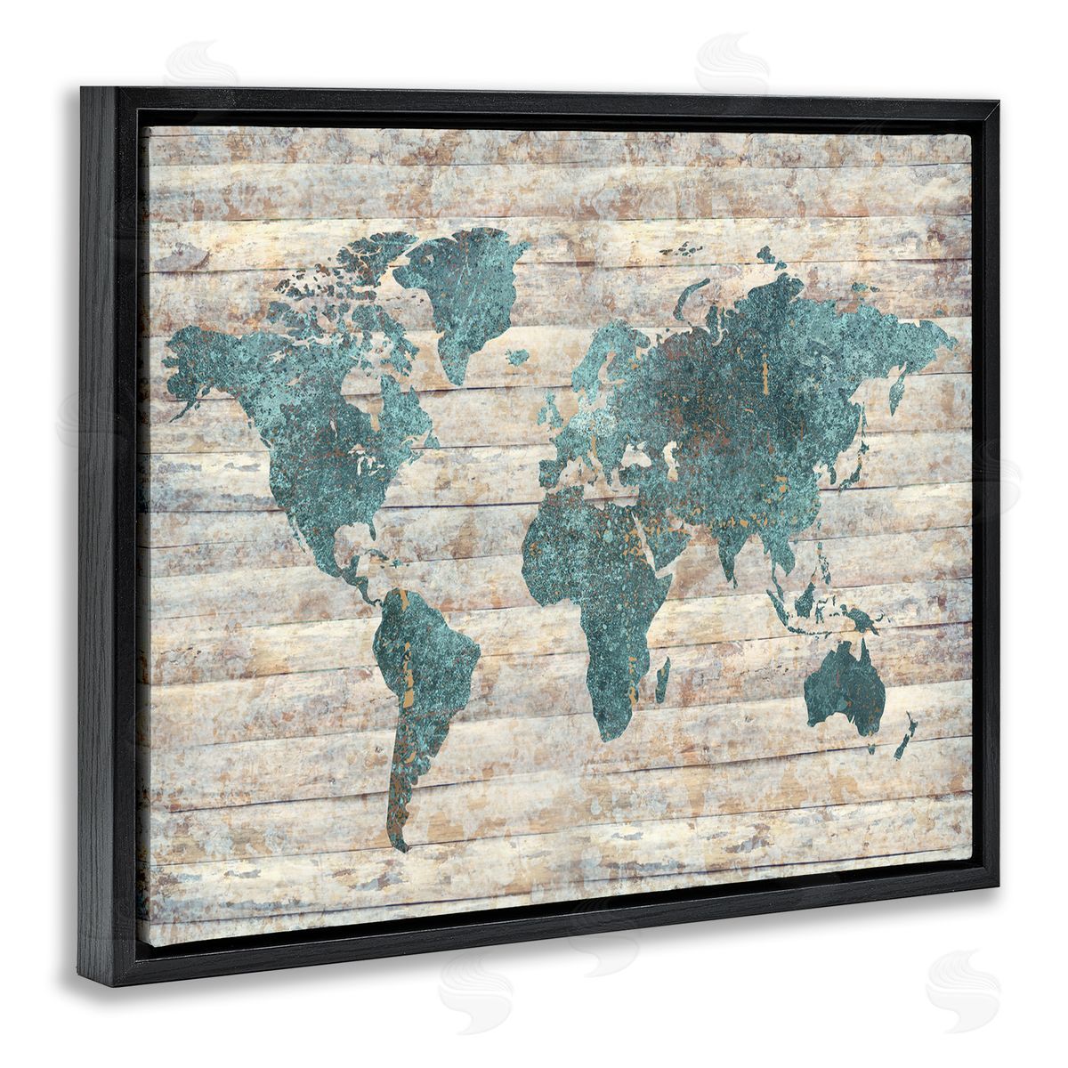 Blue Map on Rustic Pattern Black Floating Frame Canvas Wall Art, Home Decor by Ziwei Li