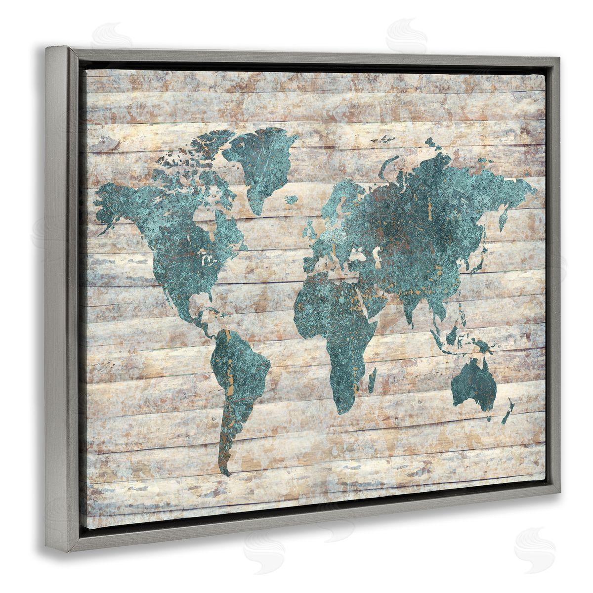Blue Map on Rustic Pattern Grey Floating Frame Canvas Wall Art, Home Decor by Ziwei Li