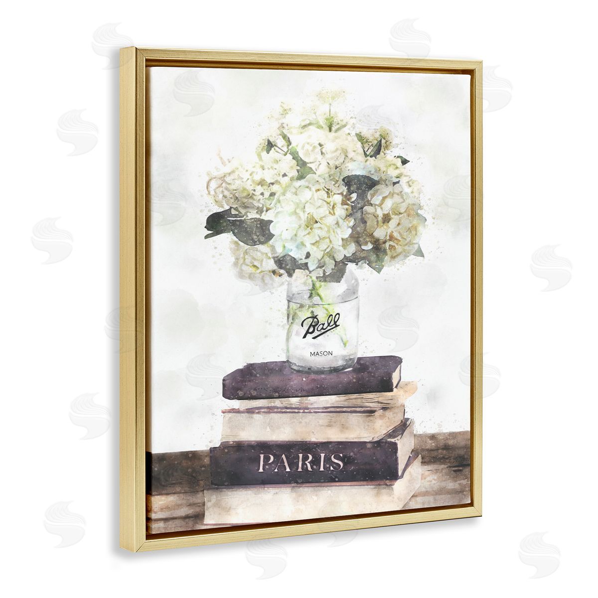 White Florals on Bookstack Gold Floating Frame Canvas Wall Art, Home Decor by Ziwei Li