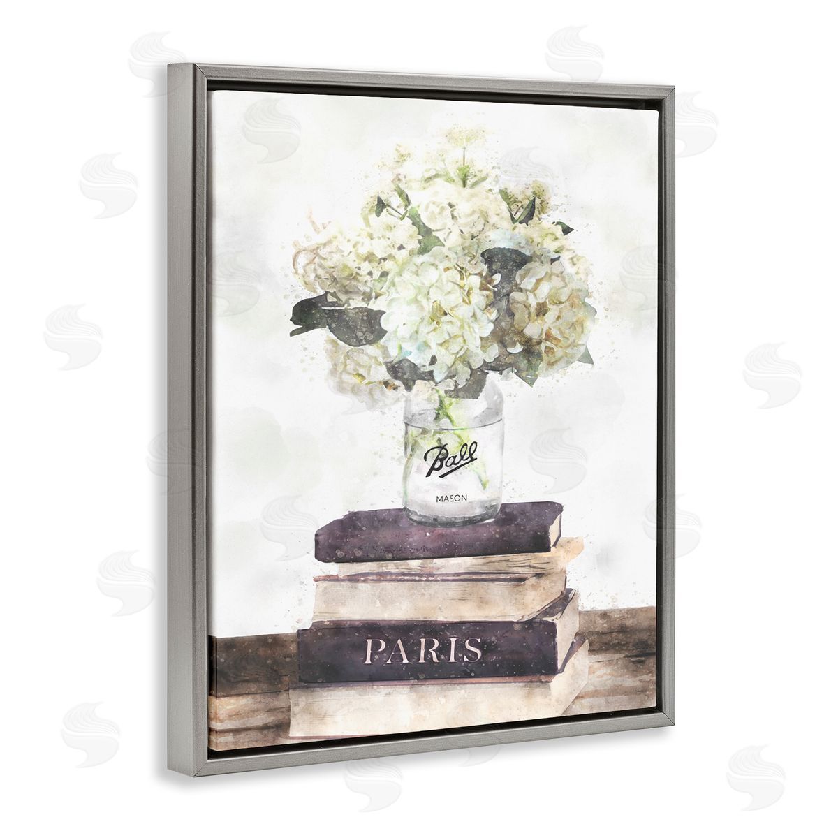 White Florals on Bookstack Grey Floating Frame Canvas Wall Art, Home Decor by Ziwei Li