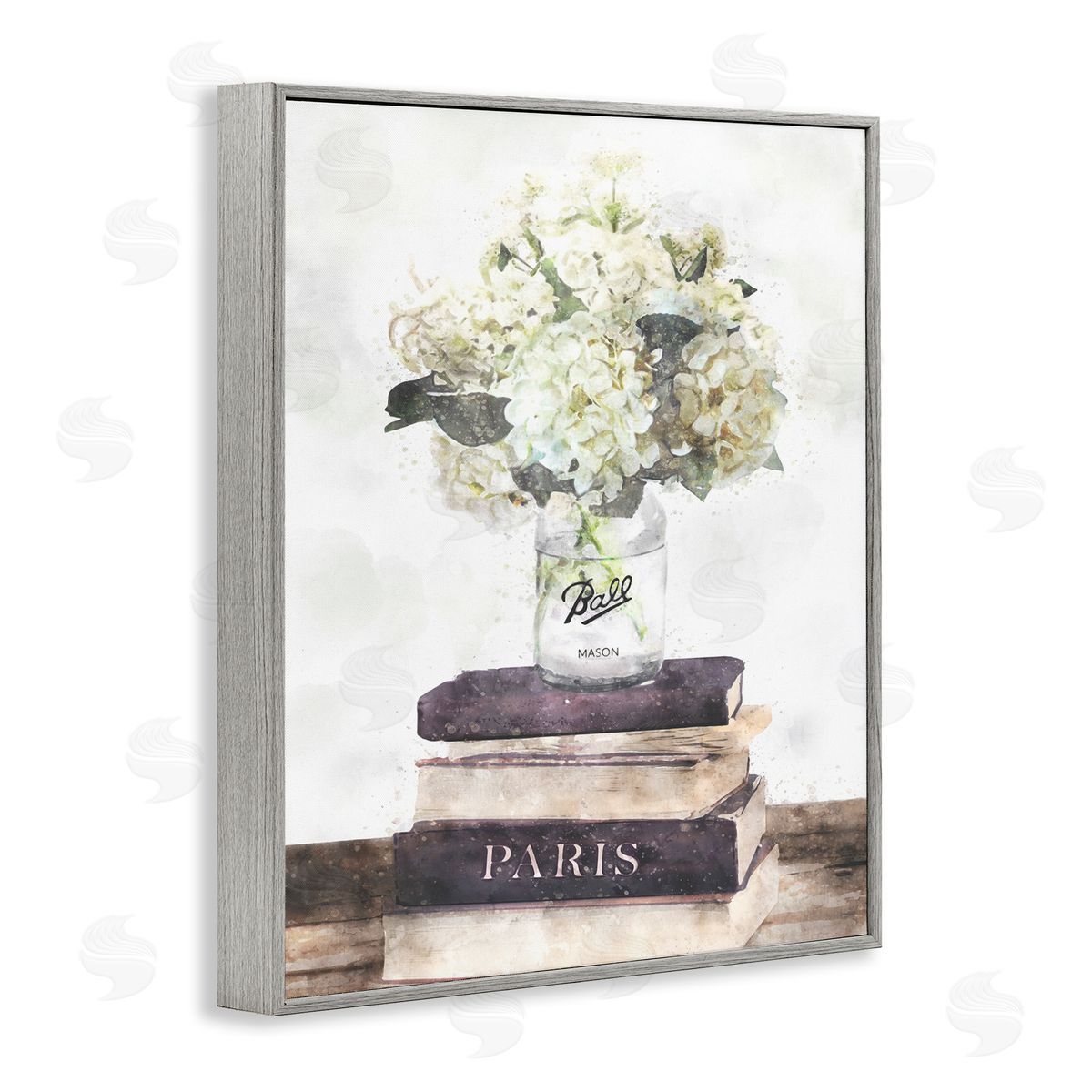 White Florals on Bookstack Grey Frame Print Wall Art, Home Decor by Ziwei Li