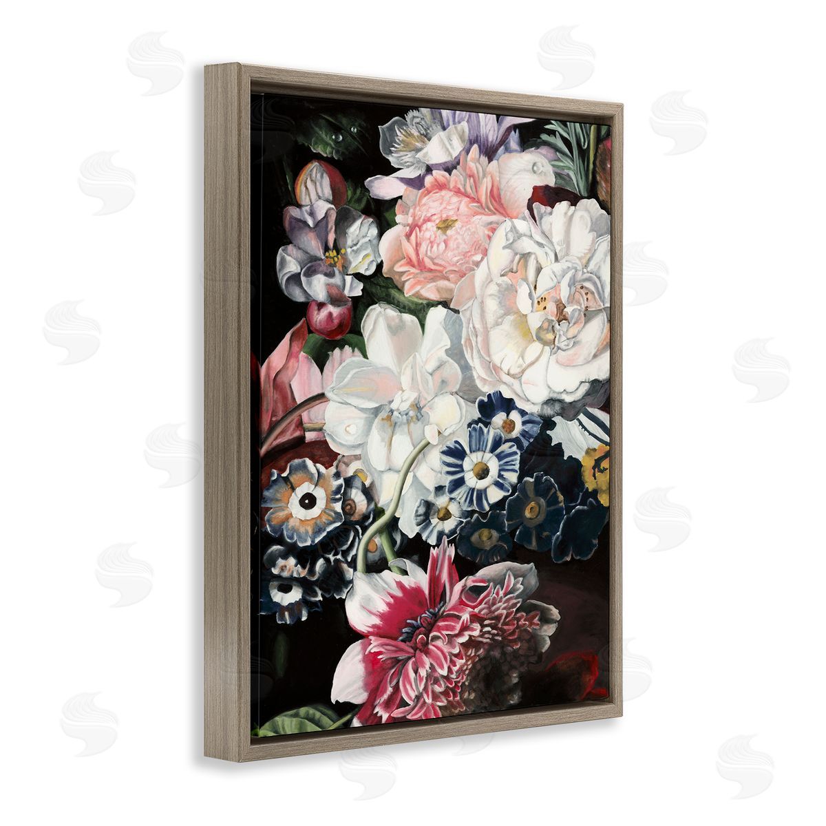 Vintage Blooming Florals Brown Floating Frame Canvas Wall Art, Home Decor by Naomi McCavitt