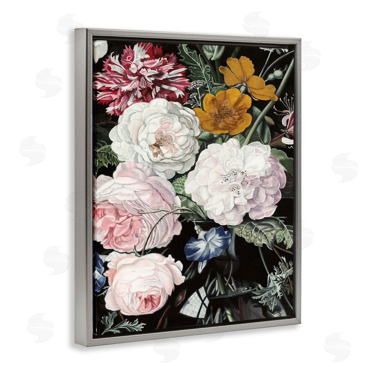 Traditional Baroque Bouquet Grey Floating Frame Canvas Wall Art, Home Decor by Naomi McCavitt