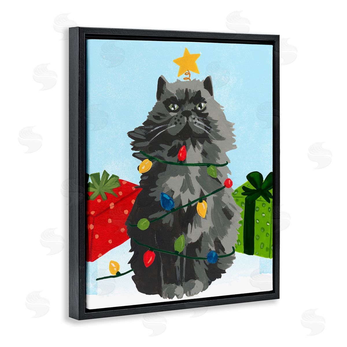 Meowy Hissmas Cat Black Floating Frame Canvas Wall Art, Home Decor by June Erica Vess