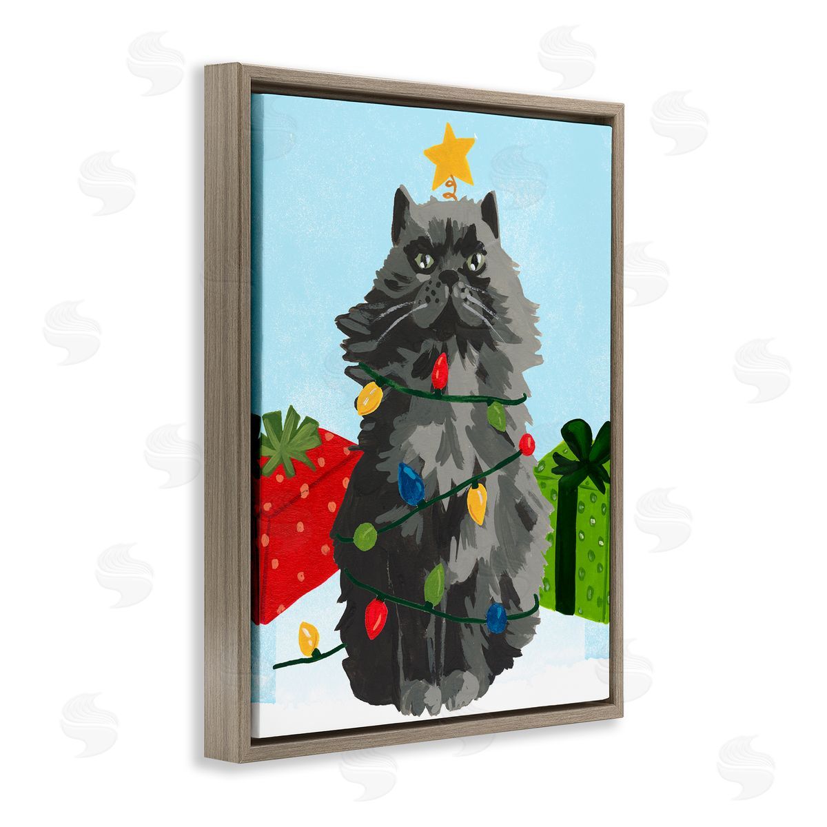Meowy Hissmas Cat Brown Floating Frame Canvas Wall Art, Home Decor by June Erica Vess