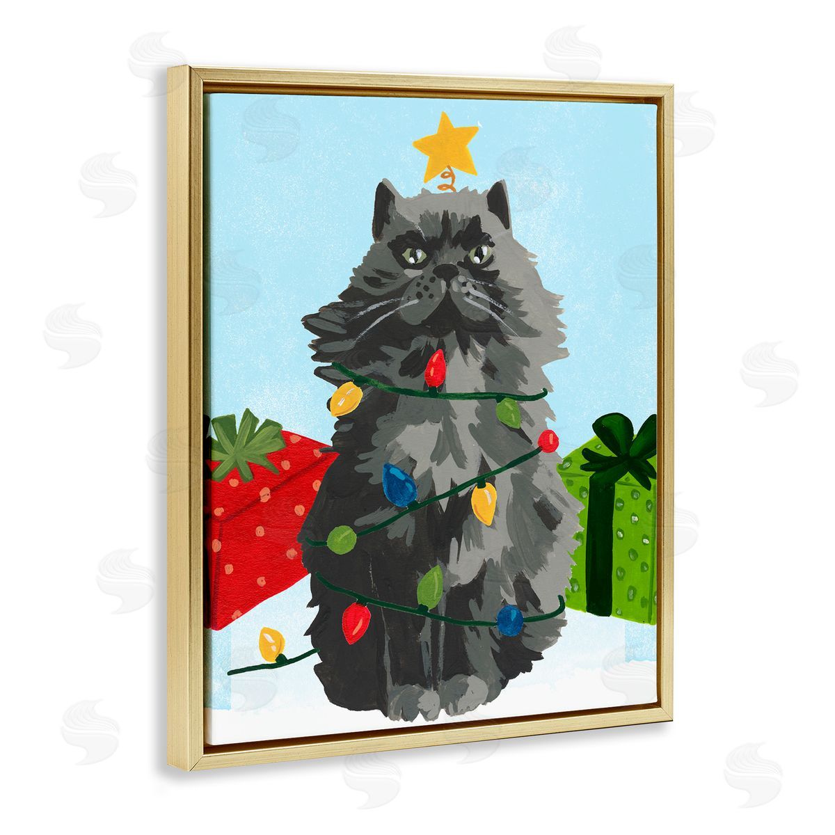 Meowy Hissmas Cat Gold Floating Frame Canvas Wall Art, Home Decor by June Erica Vess