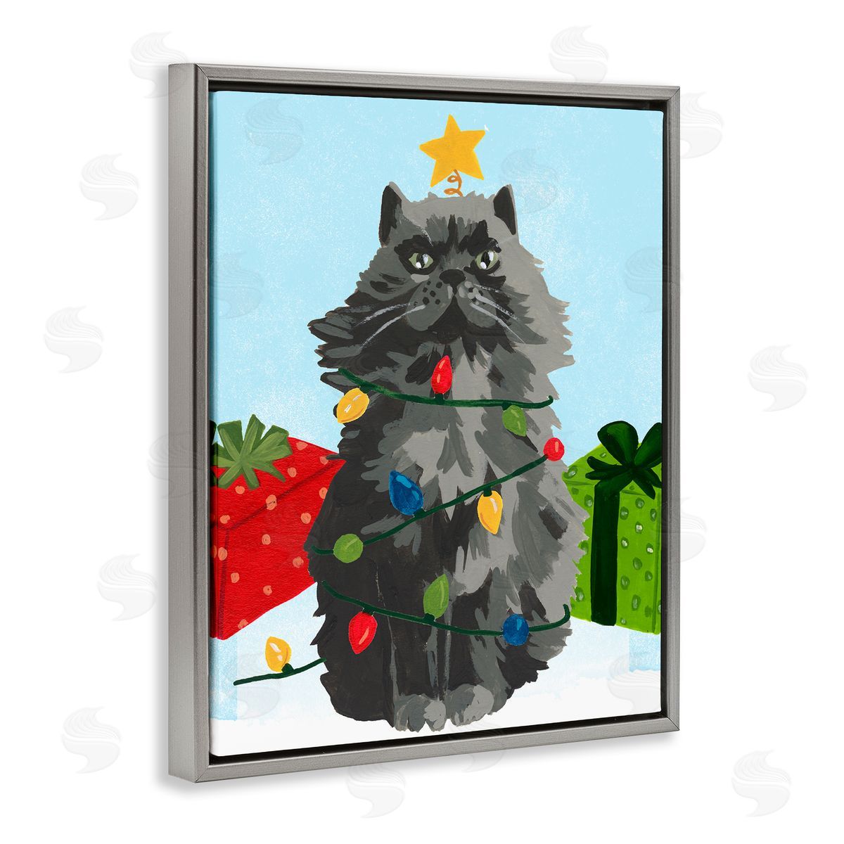 Meowy Hissmas Cat Grey Floating Frame Canvas Wall Art, Home Decor by June Erica Vess