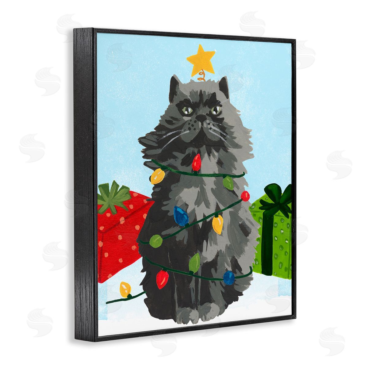 Meowy Hissmas Cat Black Frame Print Wall Art, Home Decor by June Erica Vess