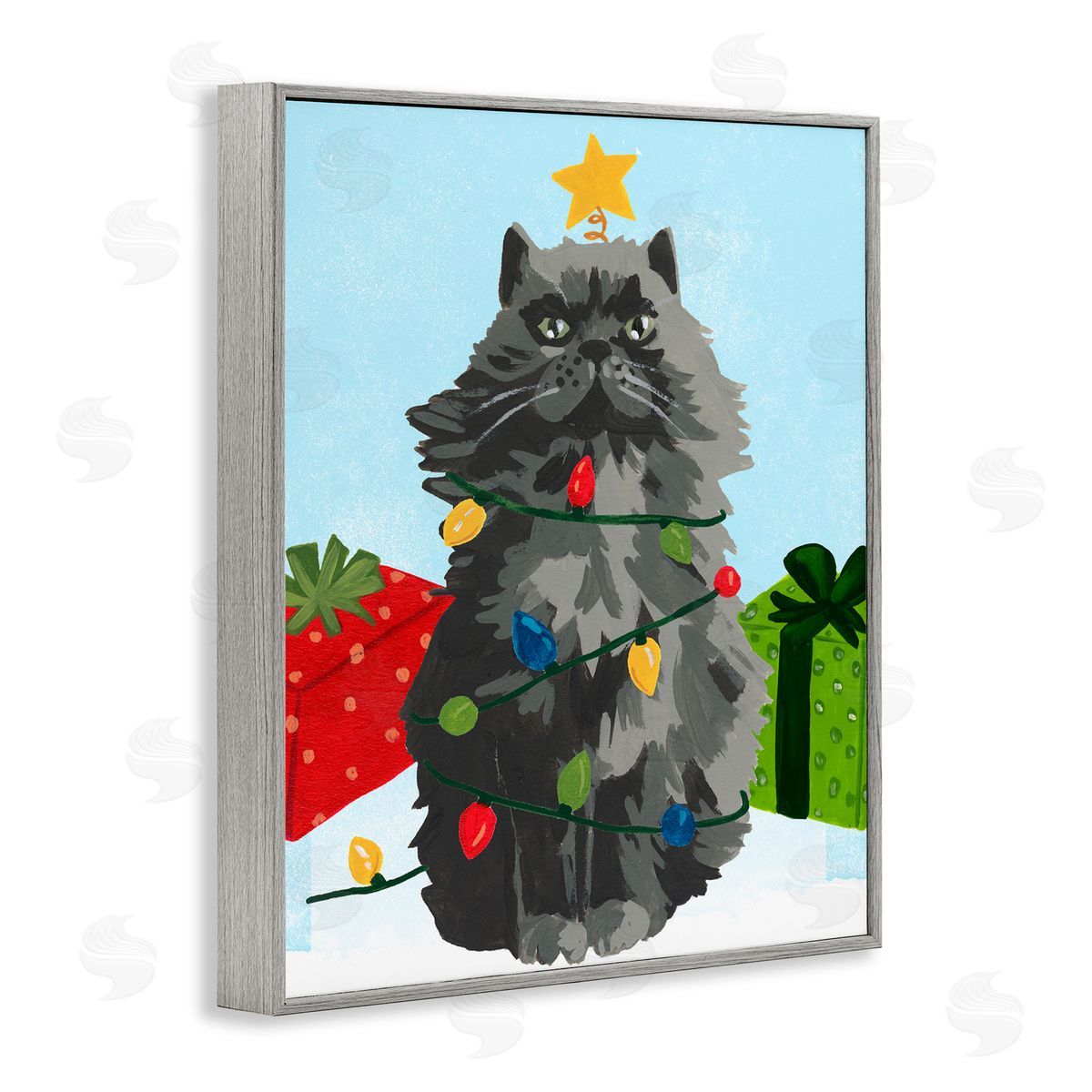 Meowy Hissmas Cat Grey Frame Print Wall Art, Home Decor by June Erica Vess