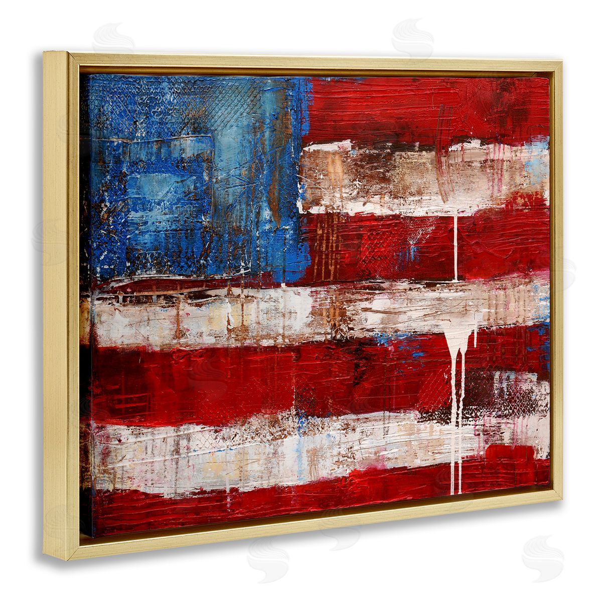 Abstract American Flag Painting Gold Floating Frame Canvas Wall Art, Home Decor by Erin Ashley