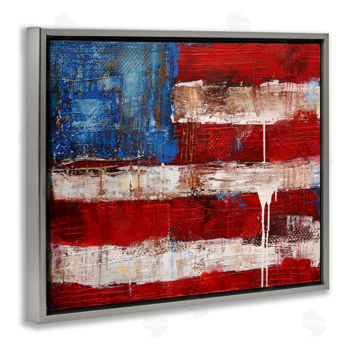 Abstract American Flag Painting Grey Floating Frame Canvas Wall Art, Home Decor by Erin Ashley