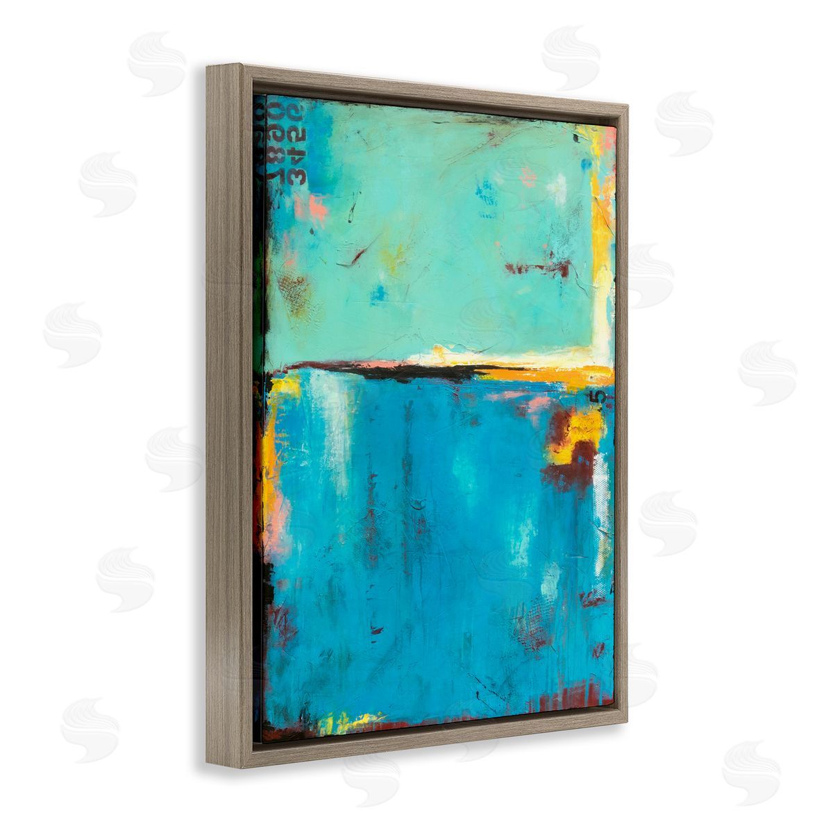 Erin Ashley Blue Design with Numerical Detail Brown Floater Frame Canvas Art