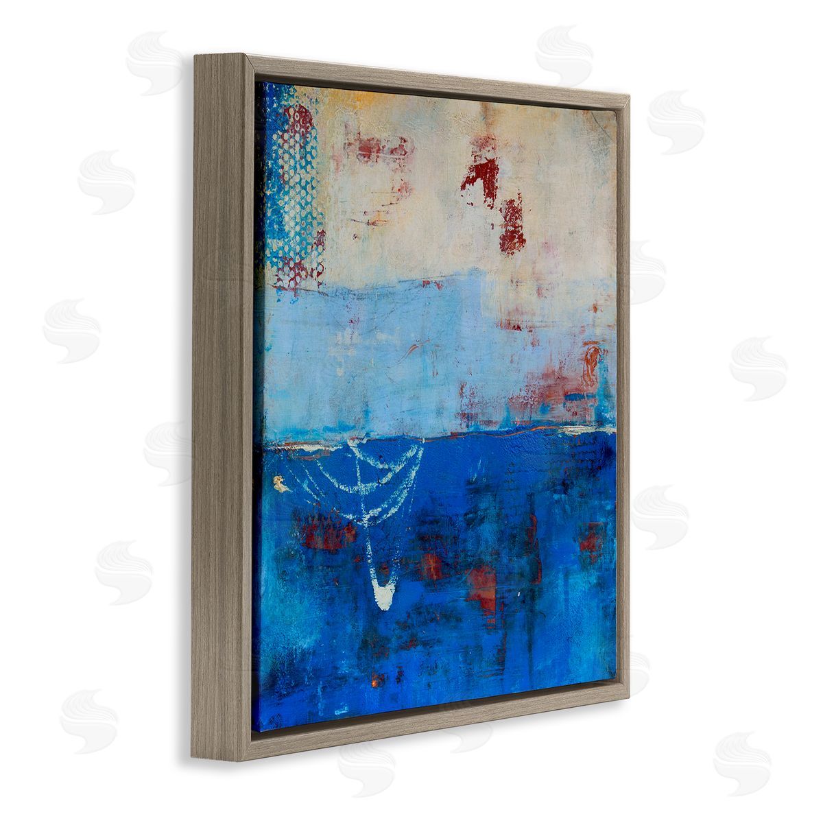 Erin Ashley Blue Color Block with Red Details Brown Floater Frame Canvas Art