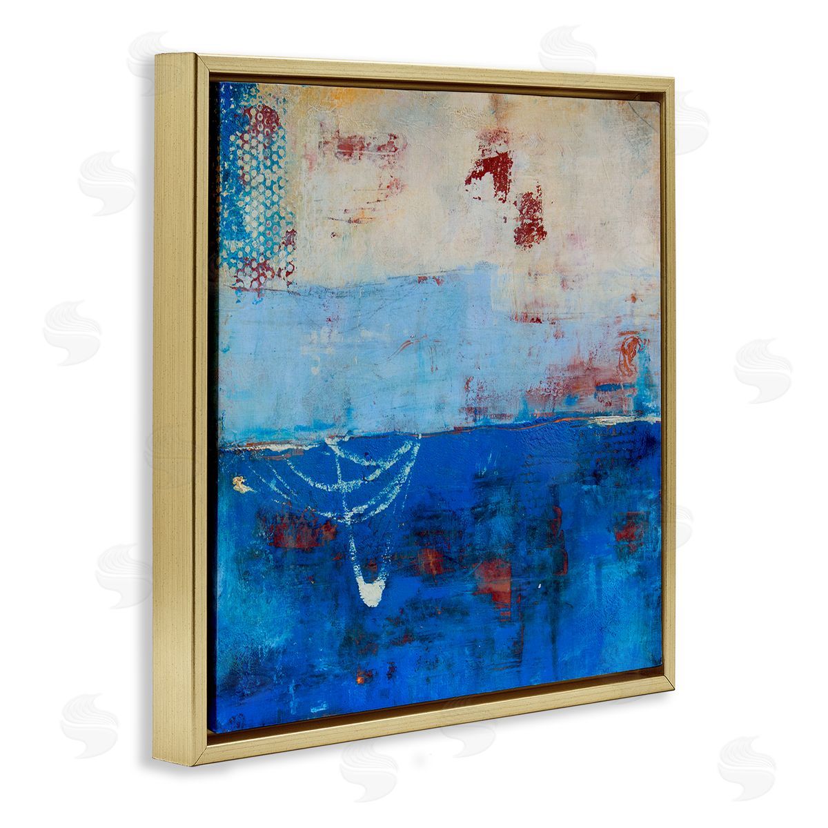 Erin Ashley Blue Color Block with Red Details Gold Floater Frame Canvas Art