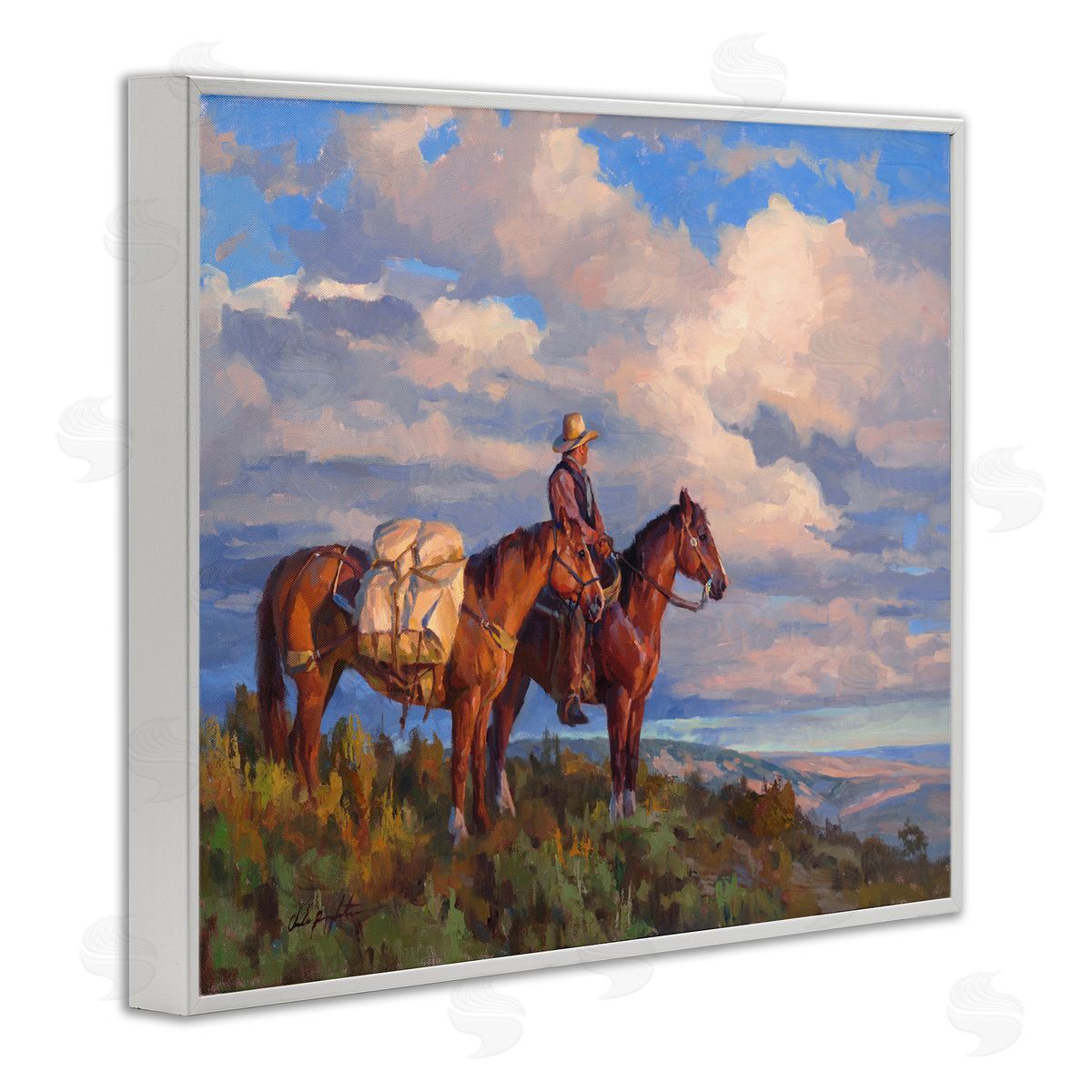 Chad Poppleton Cowboy with Horses Countryside White Framed Giclee Wall Art