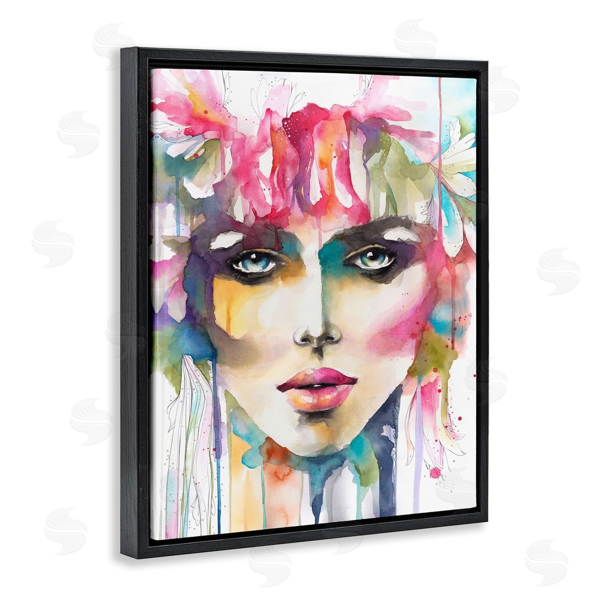 Elisaveta Stoilova Abstract Female Floral Crown Portrait Black Floater Frame Canvas Art