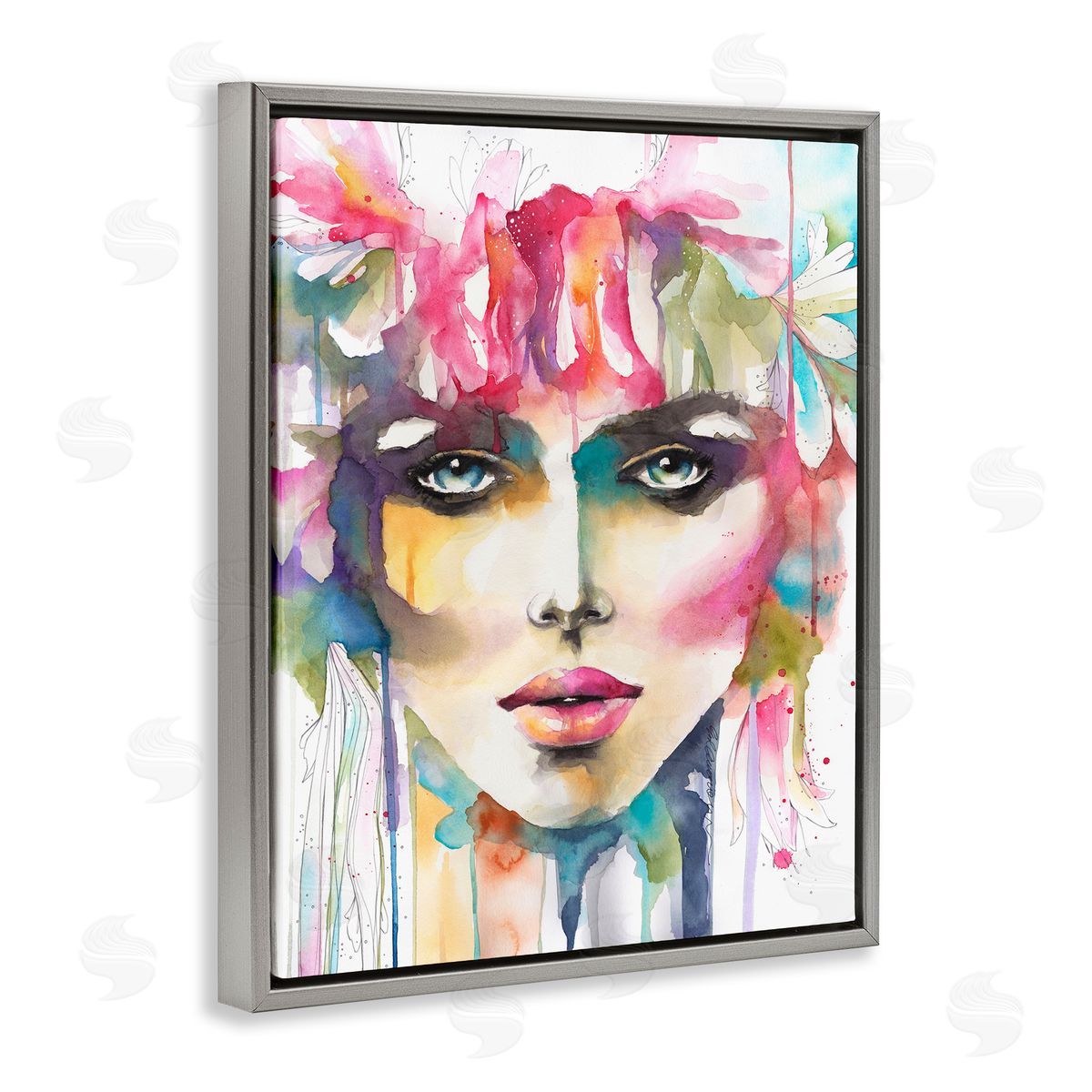 Elisaveta Stoilova Abstract Female Floral Crown Portrait Gray Floater Frame Canvas Art