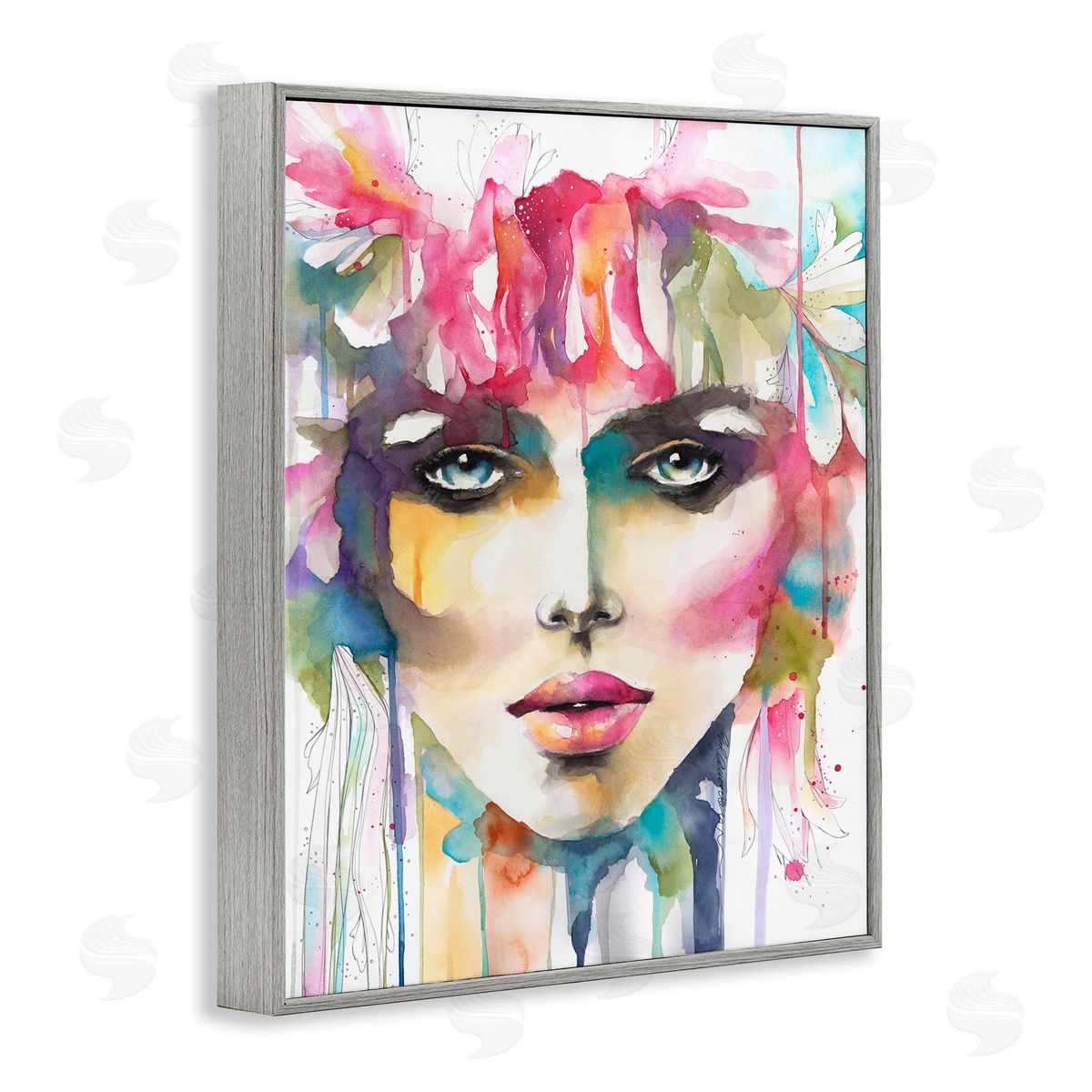 Elisaveta Stoilova Abstract Female Floral Crown Portrait Gray Framed Giclee Wall Art