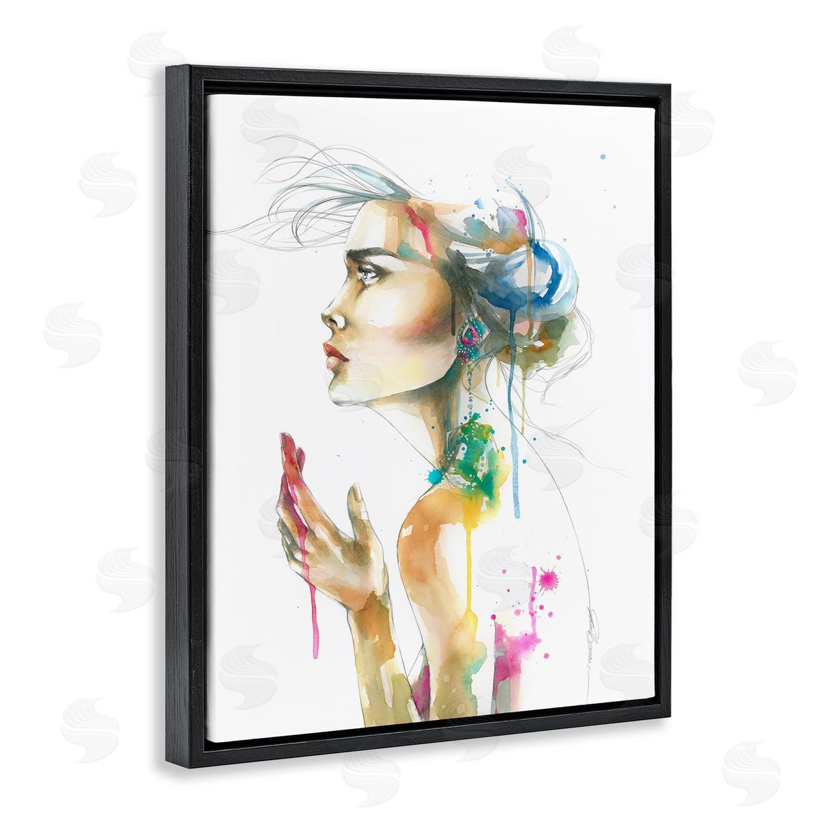 Elisaveta Stoilova Abstract Watercolor Female Side Portrait Black Floater Frame Canvas Art