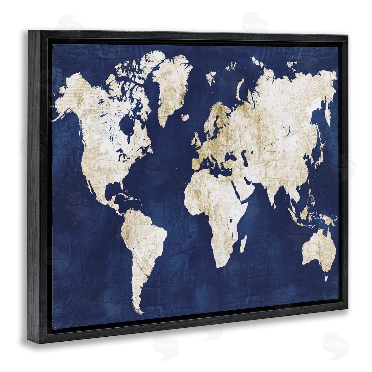 Alicia Vidal Distressed Gold Navy World Map Black Floater Frame Canvas Art