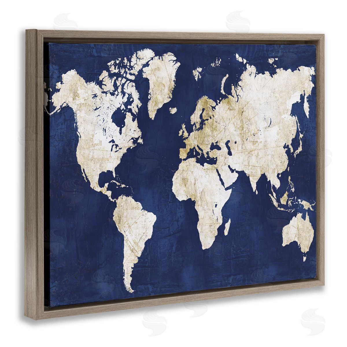 Alicia Vidal Distressed Gold Navy World Map Brown Floater Frame Canvas Art