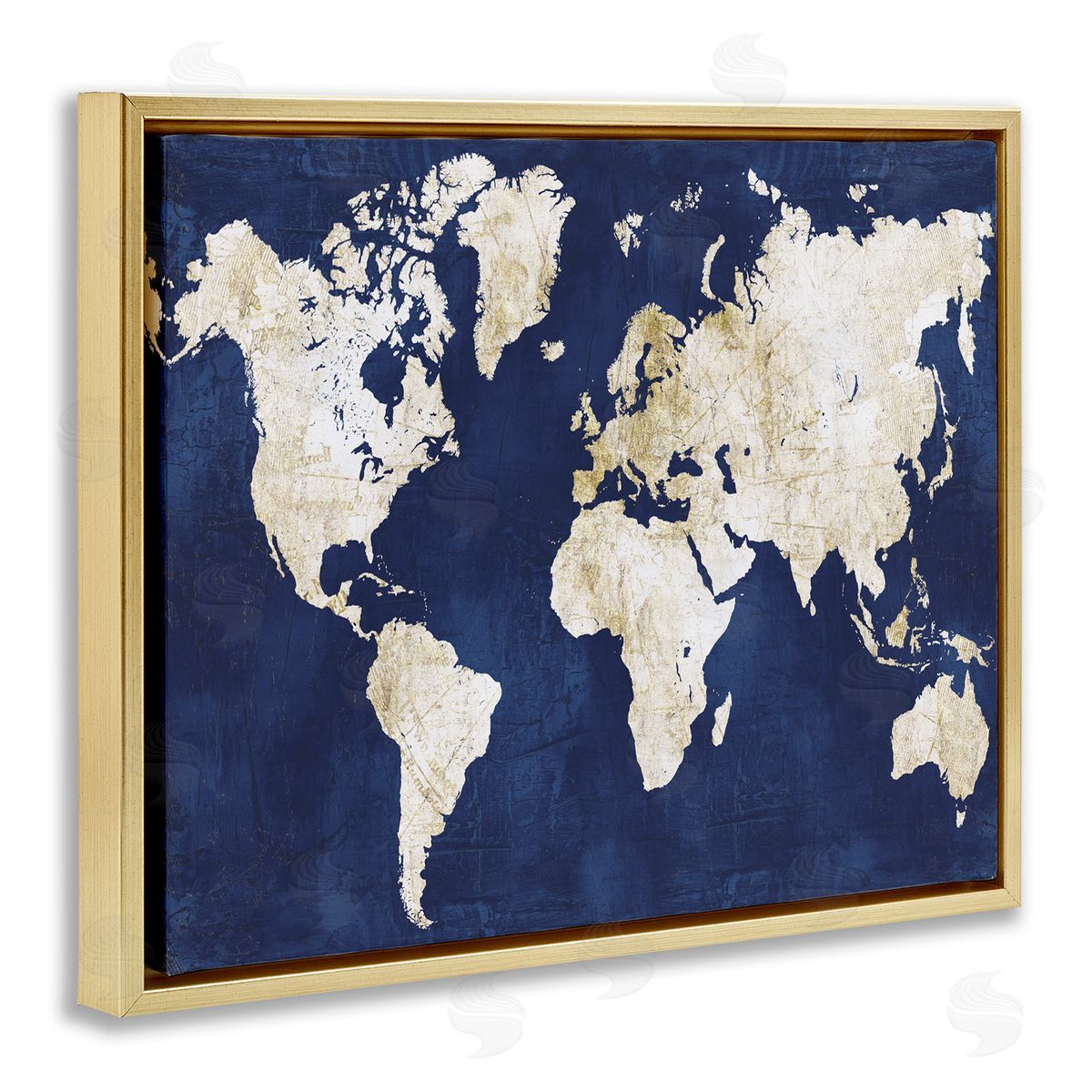 Alicia Vidal Distressed Gold Navy World Map Gold Floater Frame Canvas Art