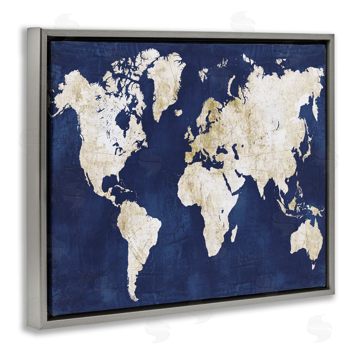 Alicia Vidal Distressed Gold Navy World Map Gray Floater Frame Canvas Art