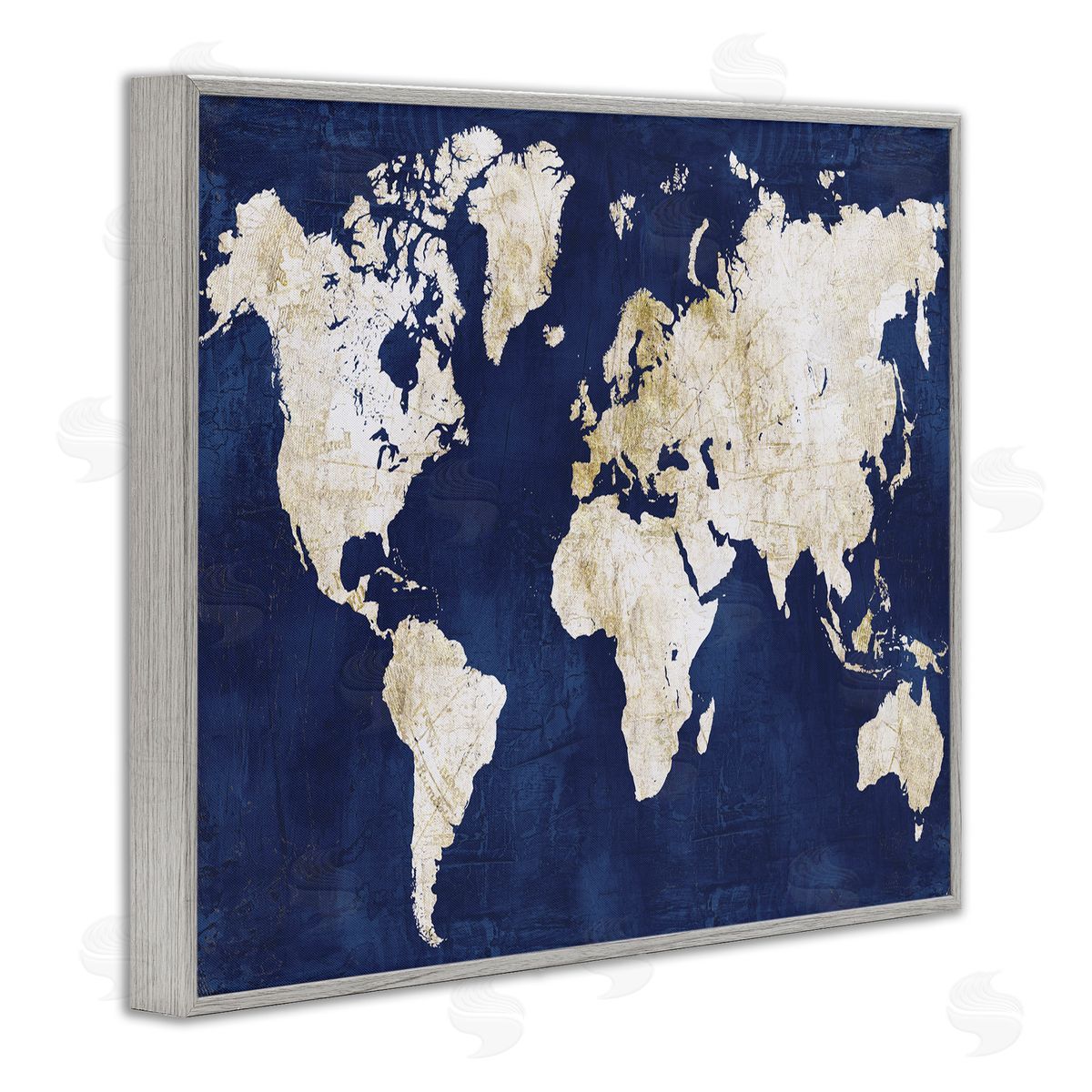 Alicia Vidal Distressed Gold Navy World Map Gray Framed Giclee Wall Art