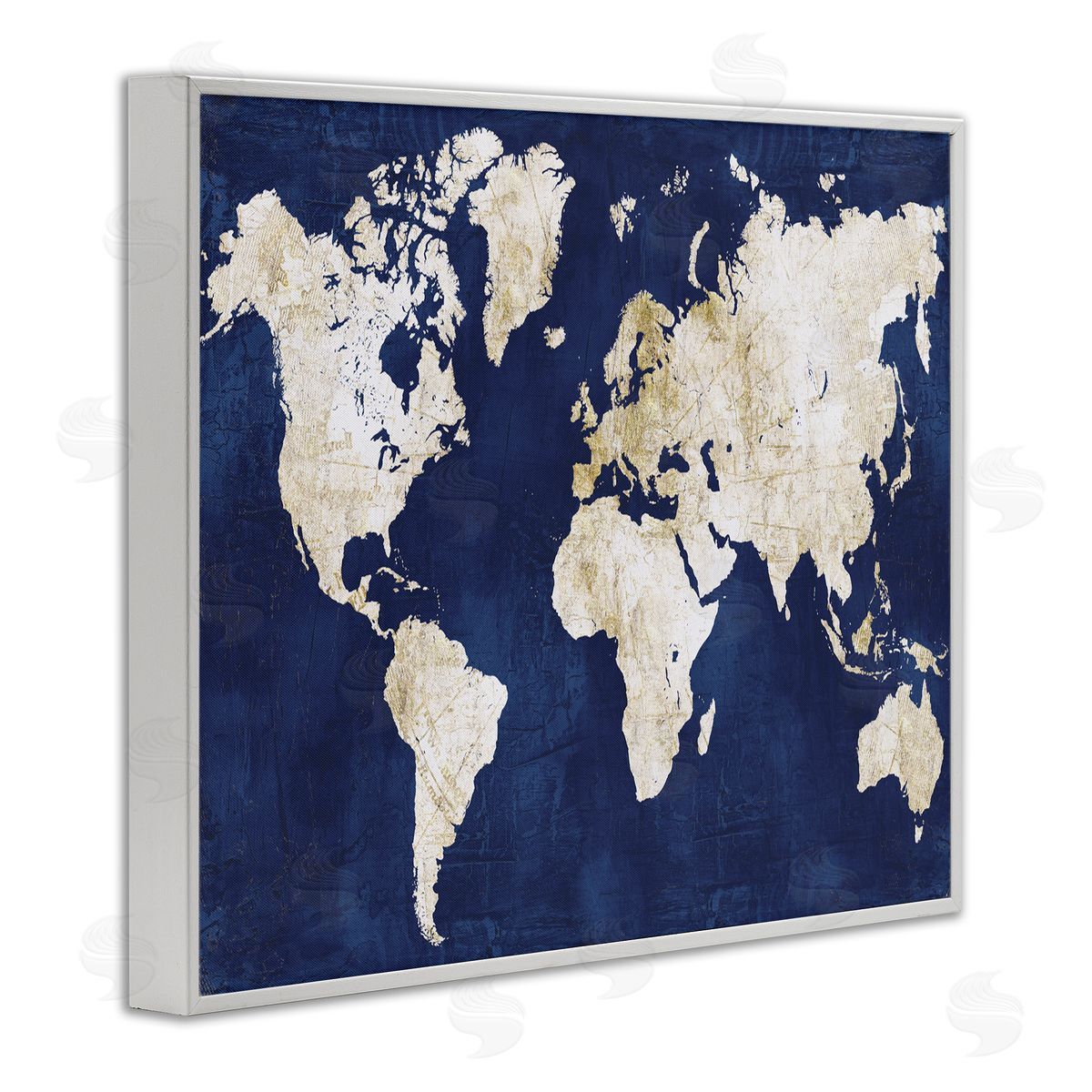 Alicia Vidal Distressed Gold Navy World Map White Framed Giclee Wall Art