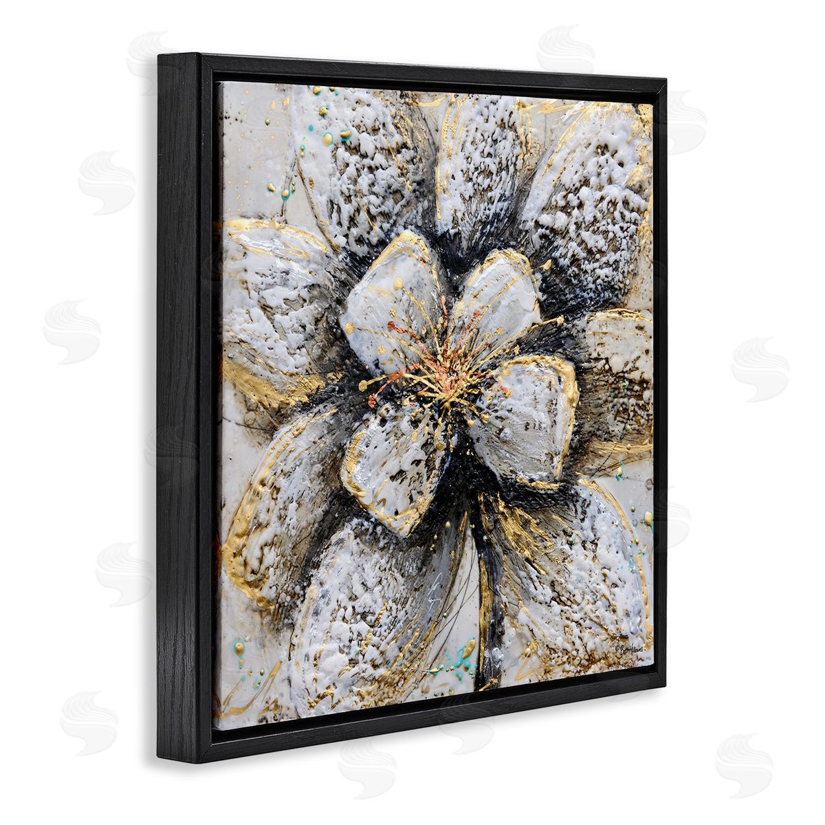Britt Hallowell Gold White Textured Flower Petals Black Floater Frame Canvas Art