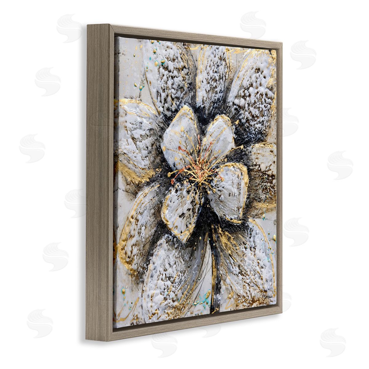 Britt Hallowell Gold White Textured Flower Petals Brown Floater Frame Canvas Art