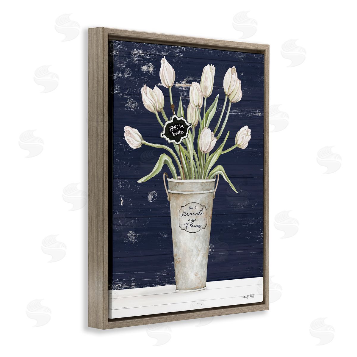 Cindy Jacobs Charming White Tulip Bouquet Brown Floater Frame Canvas Art