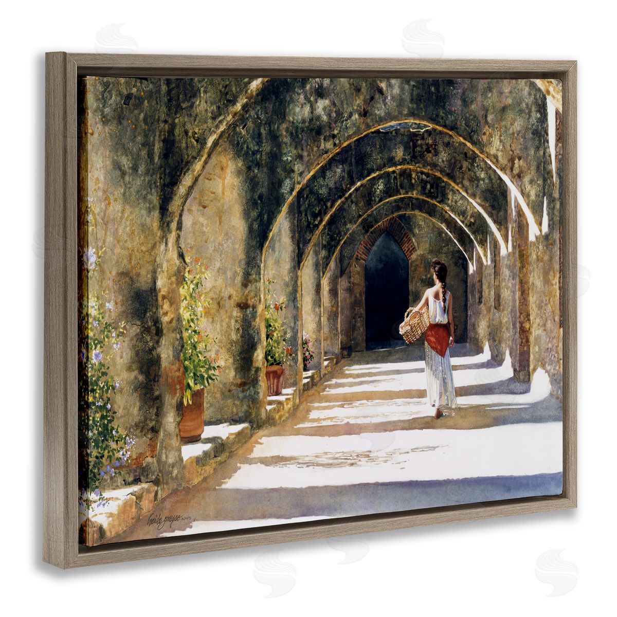 Heide Presse Woman with Basket Under Arches Brown Floater Frame Canvas Art