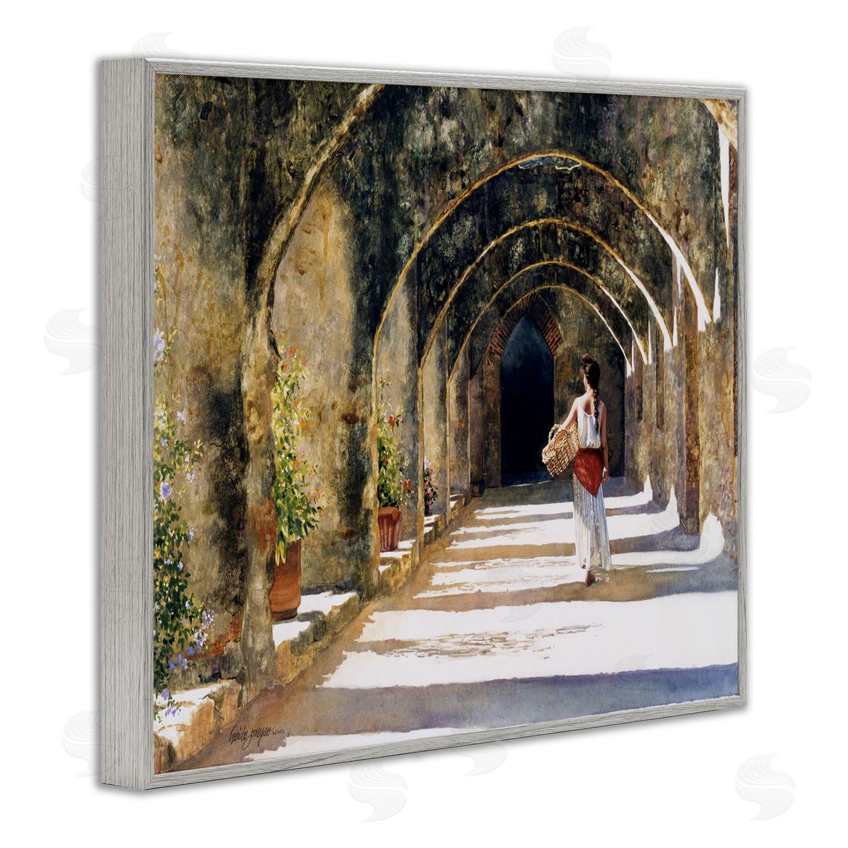 Heide Presse Woman with Basket Under Arches Gray Framed Giclee Wall Art