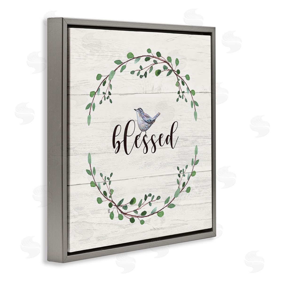 Elizabeth Tyndall Blessed Phrase Bird and Wreath Gray Floater Frame Canvas Art