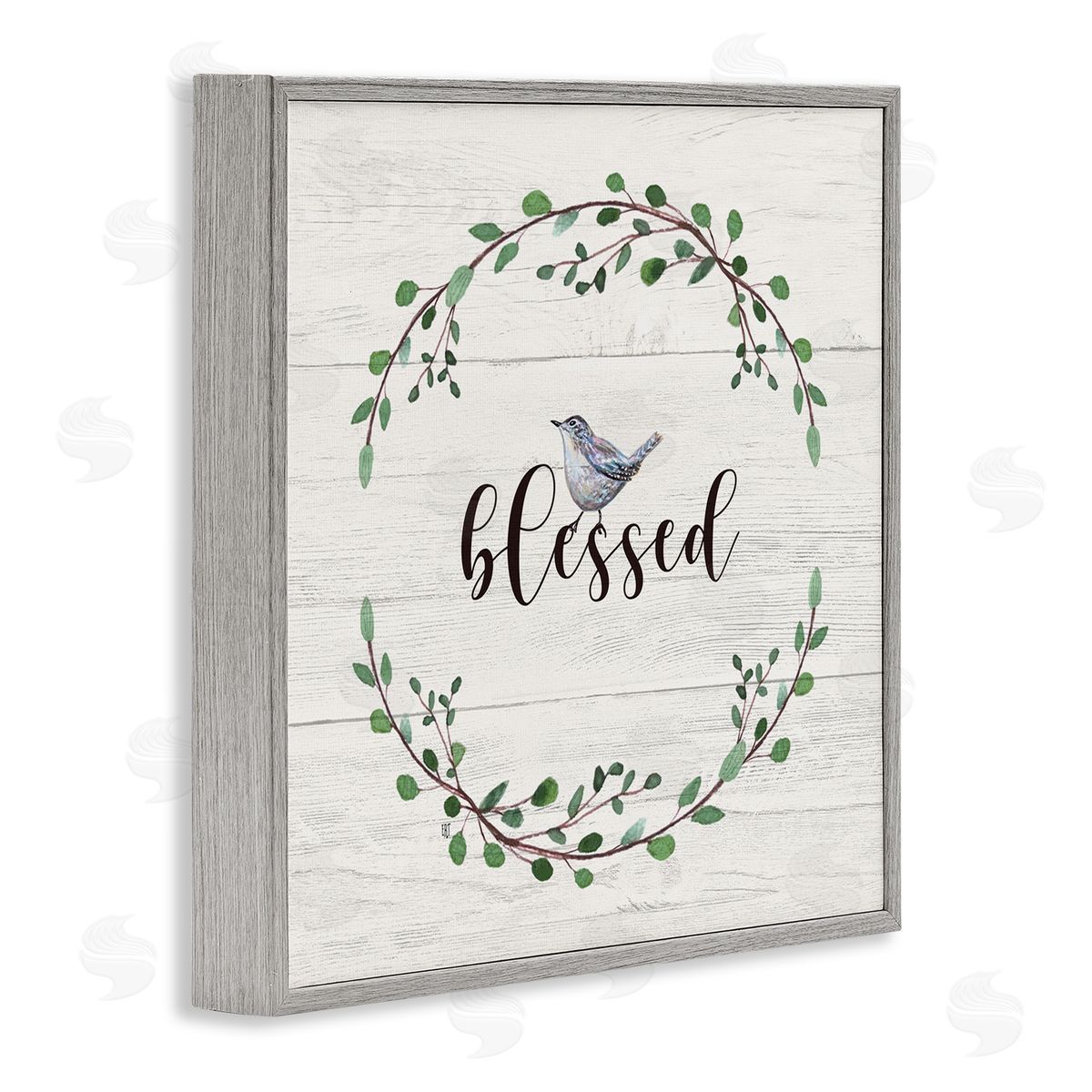 Elizabeth Tyndall Blessed Phrase Bird and Wreath Gray Framed Giclee Wall Art