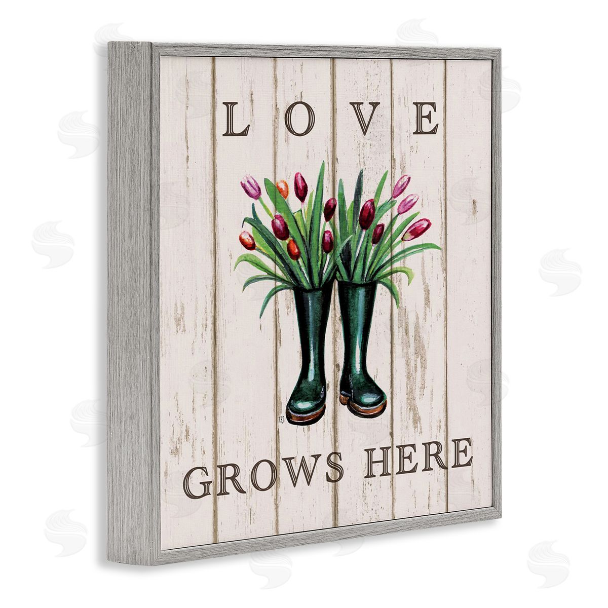 Elizabeth Tyndall Love Grows Here Rainboot Bouquets Gray Framed Giclee Wall Art