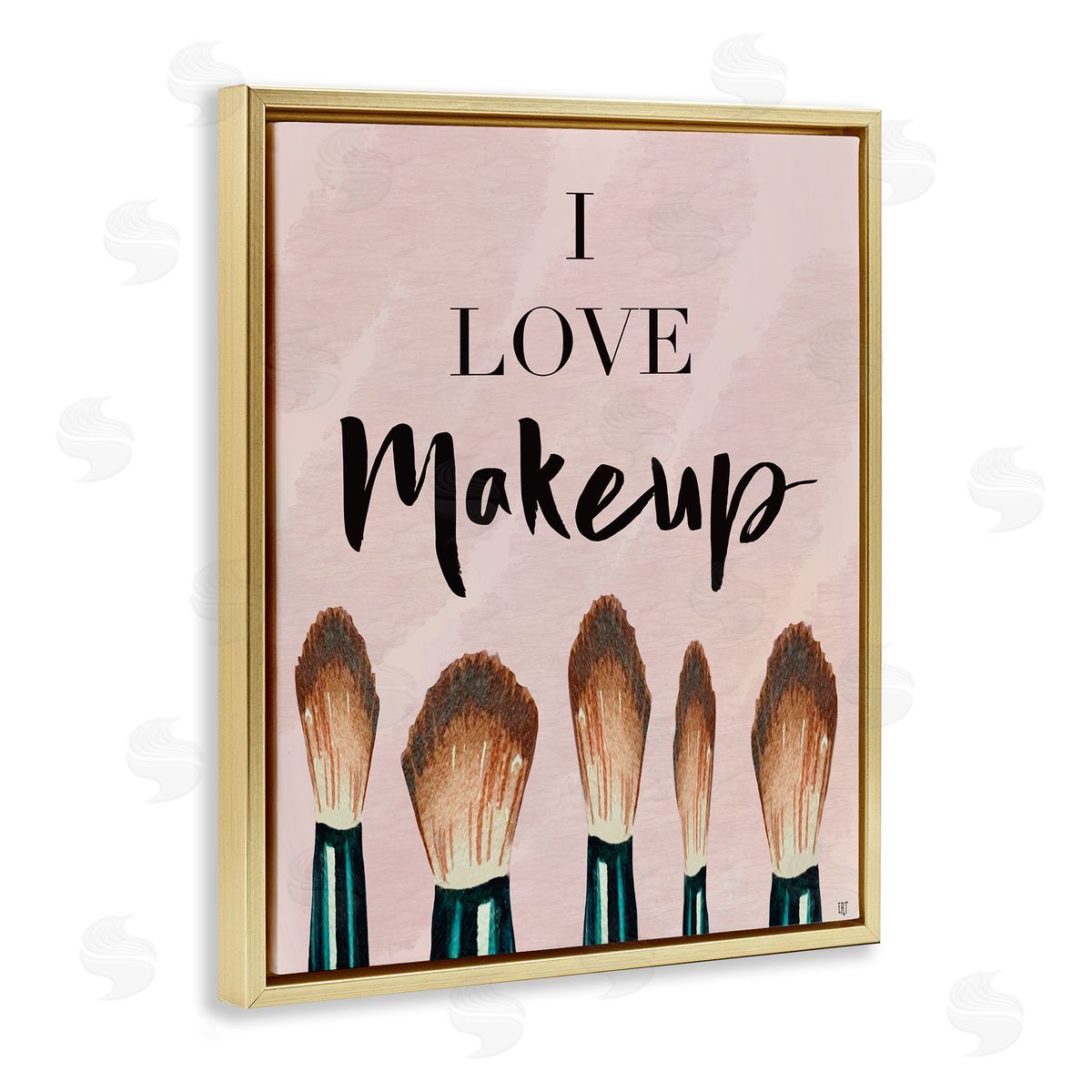 Elizabeth Tyndall I Love Makeup Pink Cosmetic Brushes Gold Floater Frame Canvas Art