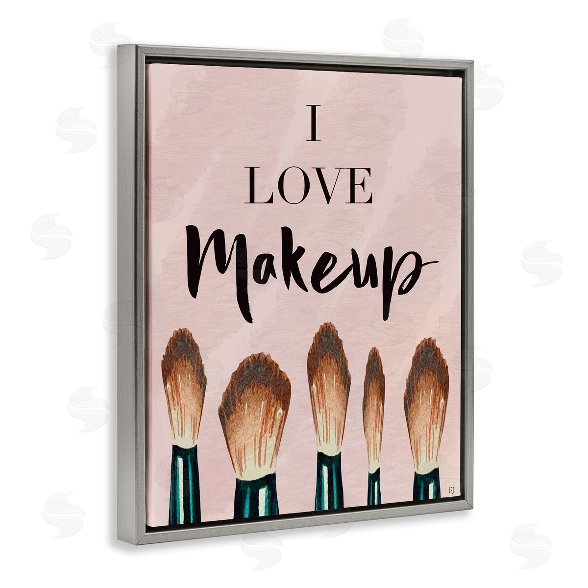 Elizabeth Tyndall I Love Makeup Pink Cosmetic Brushes Gray Floater Frame Canvas Art