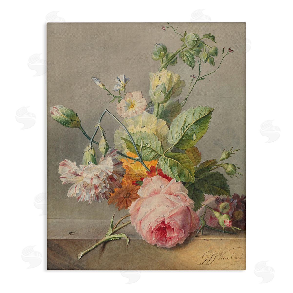 Ziwei Li Vintage Pink Florals on Table Canvas Wall Art