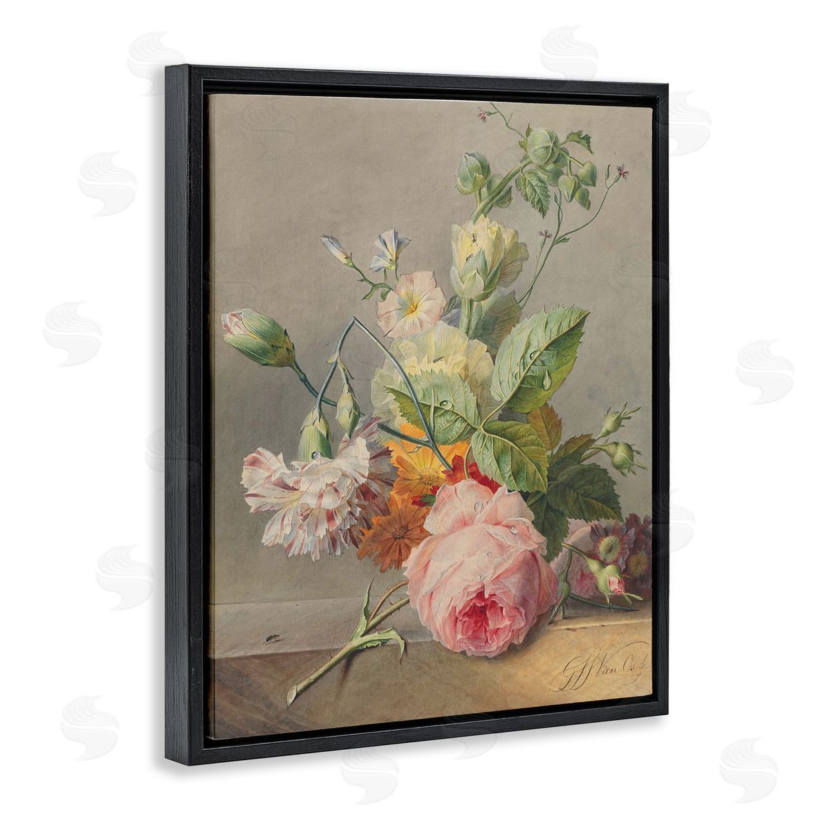Ziwei Li Vintage Pink Florals on Table Black Floater Frame Canvas Art