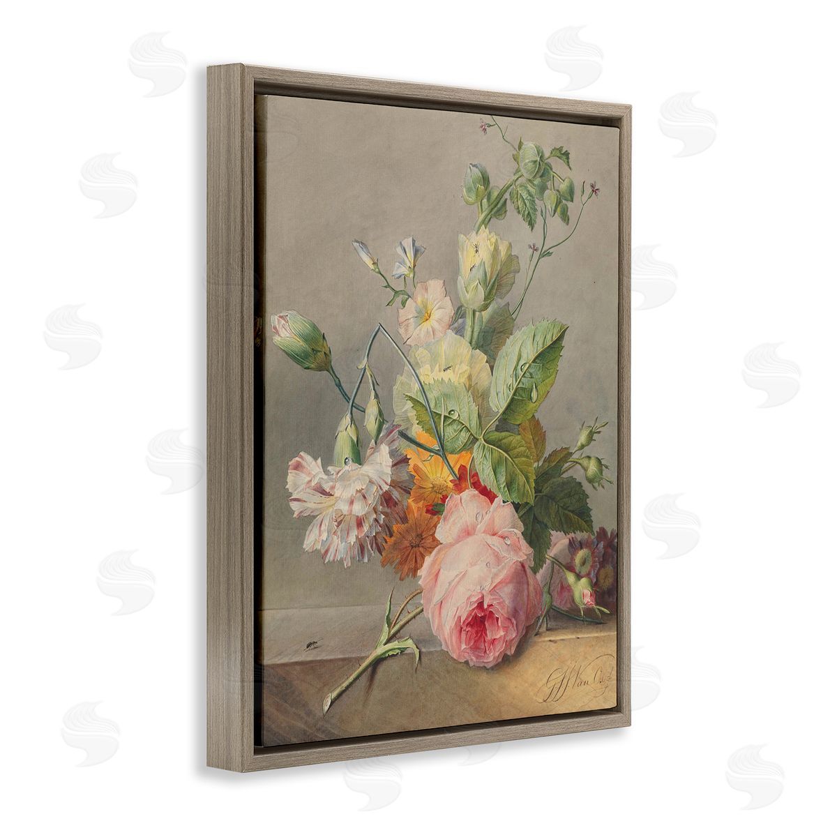 Ziwei Li Vintage Pink Florals on Table Brown Floater Frame Canvas Art