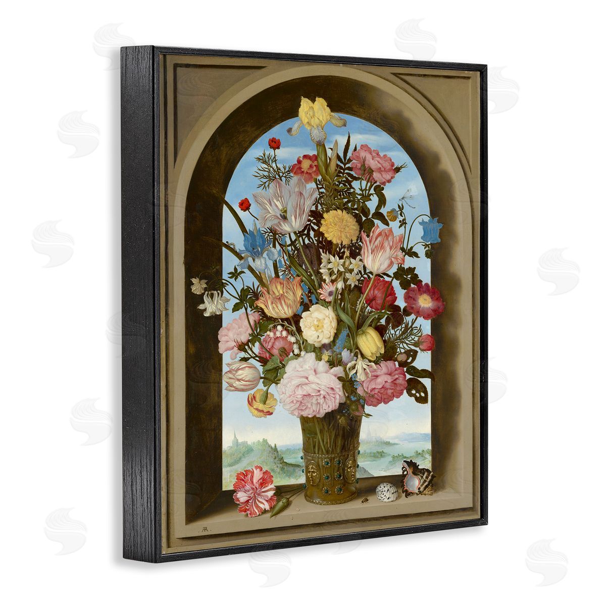 Ziwei Li Vintage Floral Bouquet Gothic Window Black Framed Giclee Wall Art