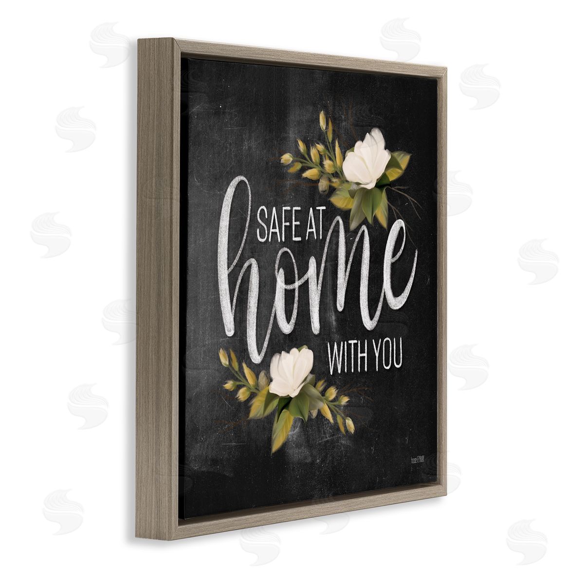 House Fenway Safe At Home Phrase White Florals Brown Floater Frame Canvas Art