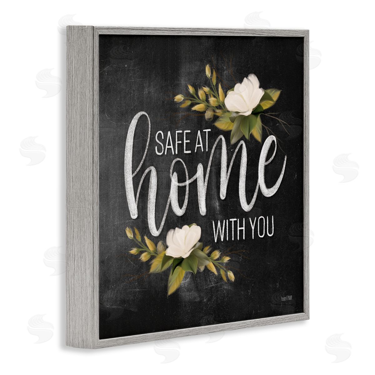 House Fenway Safe At Home Phrase White Florals Gray Framed Giclee Wall Art