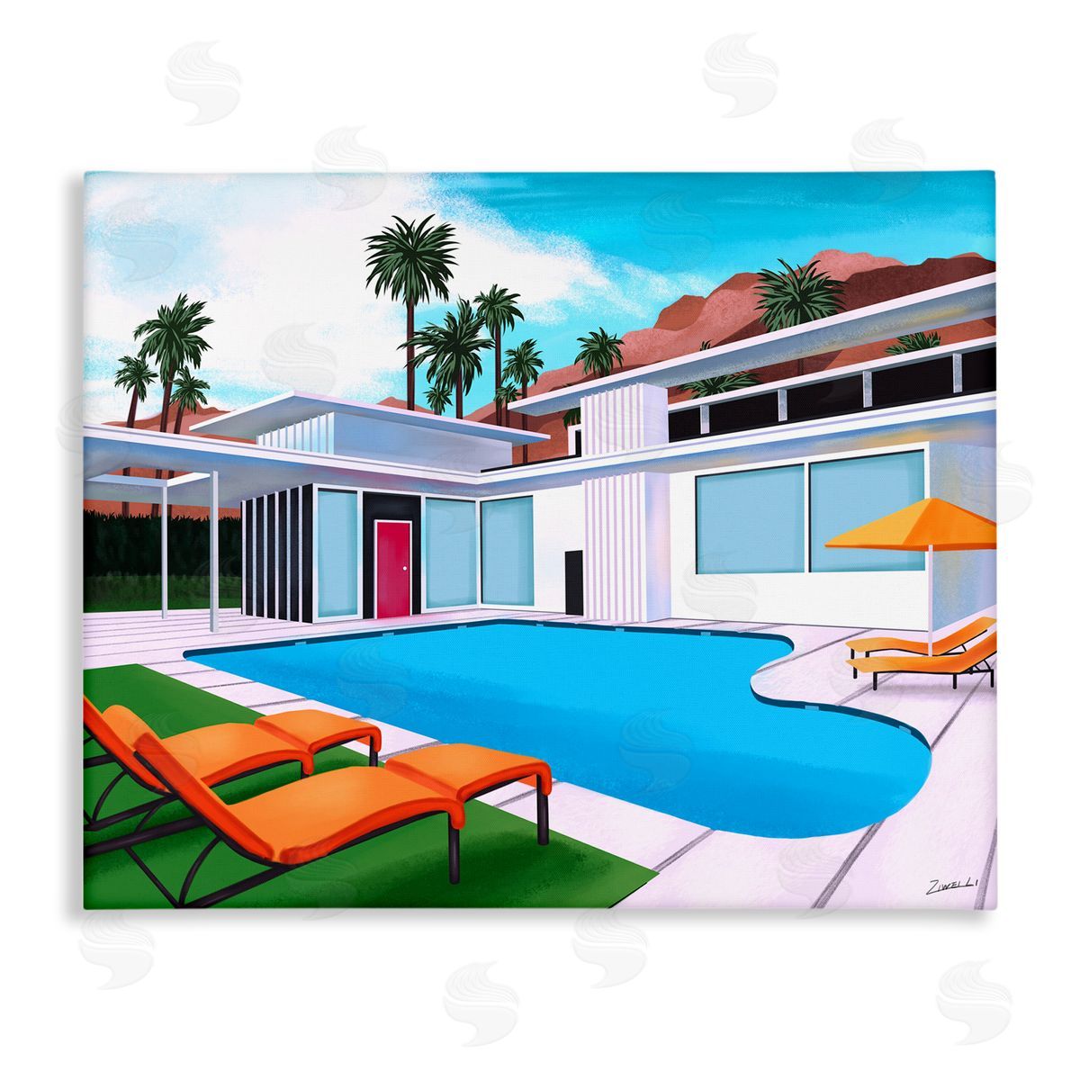 Ziwei Li Modern Home Poolside Desert Mountains Canvas Wall Art