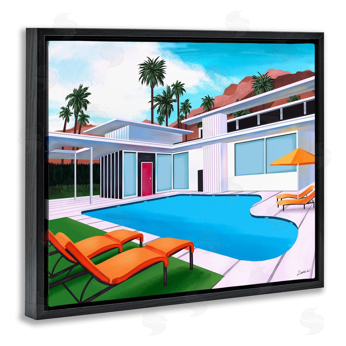 Ziwei Li Modern Home Poolside Desert Mountains Black Floater Frame Canvas Art