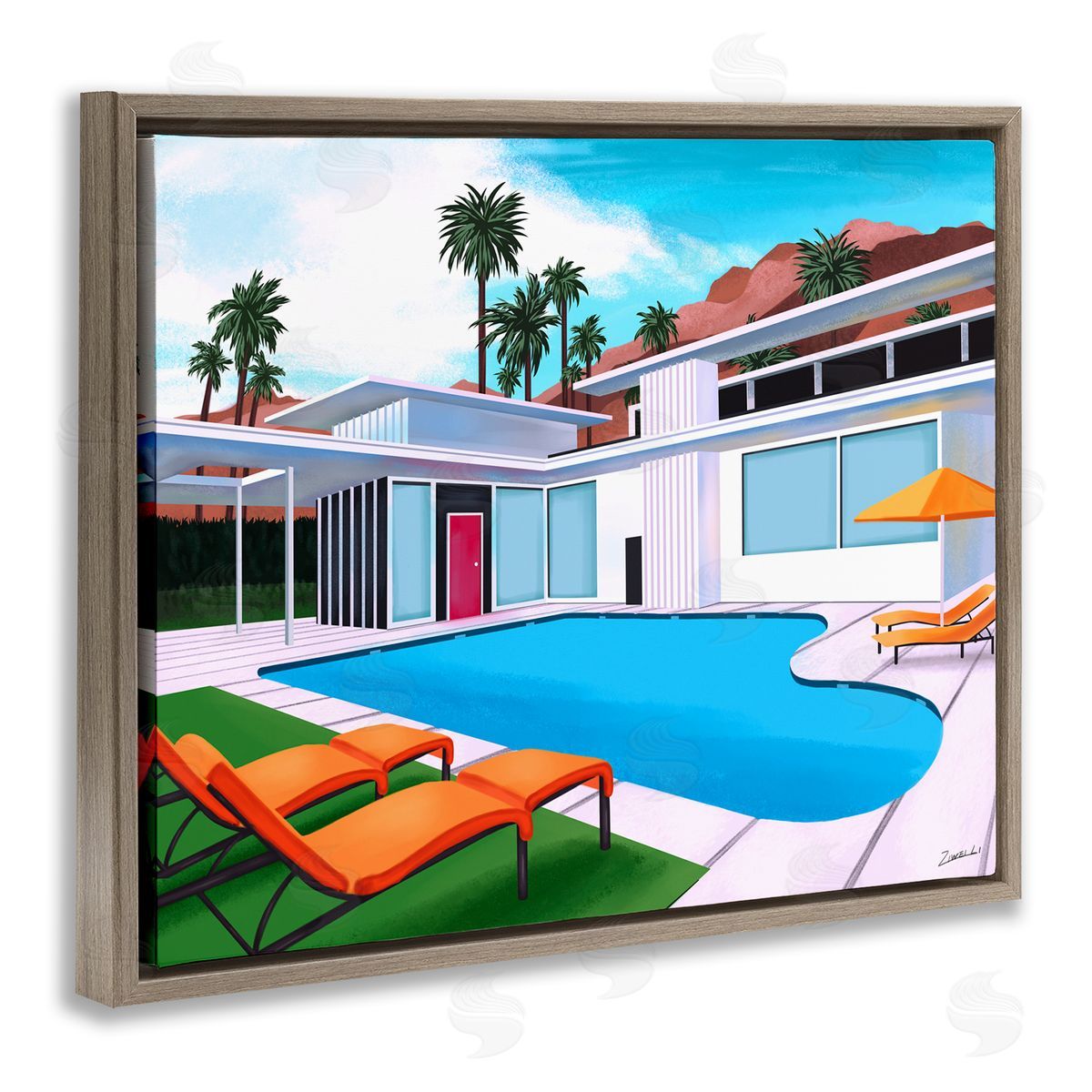 Ziwei Li Modern Home Poolside Desert Mountains Brown Floater Frame Canvas Art