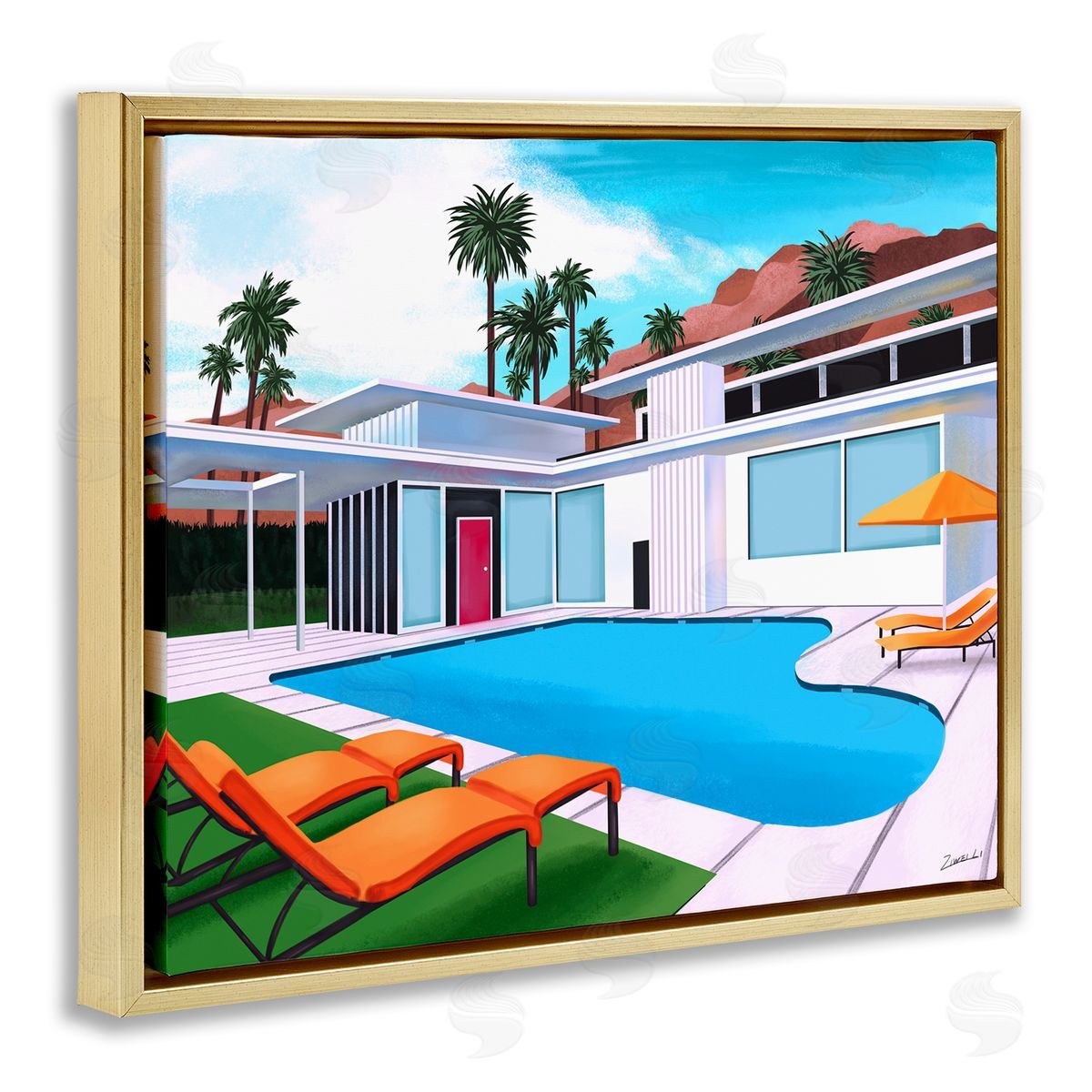 Ziwei Li Modern Home Poolside Desert Mountains Gold Floater Frame Canvas Art